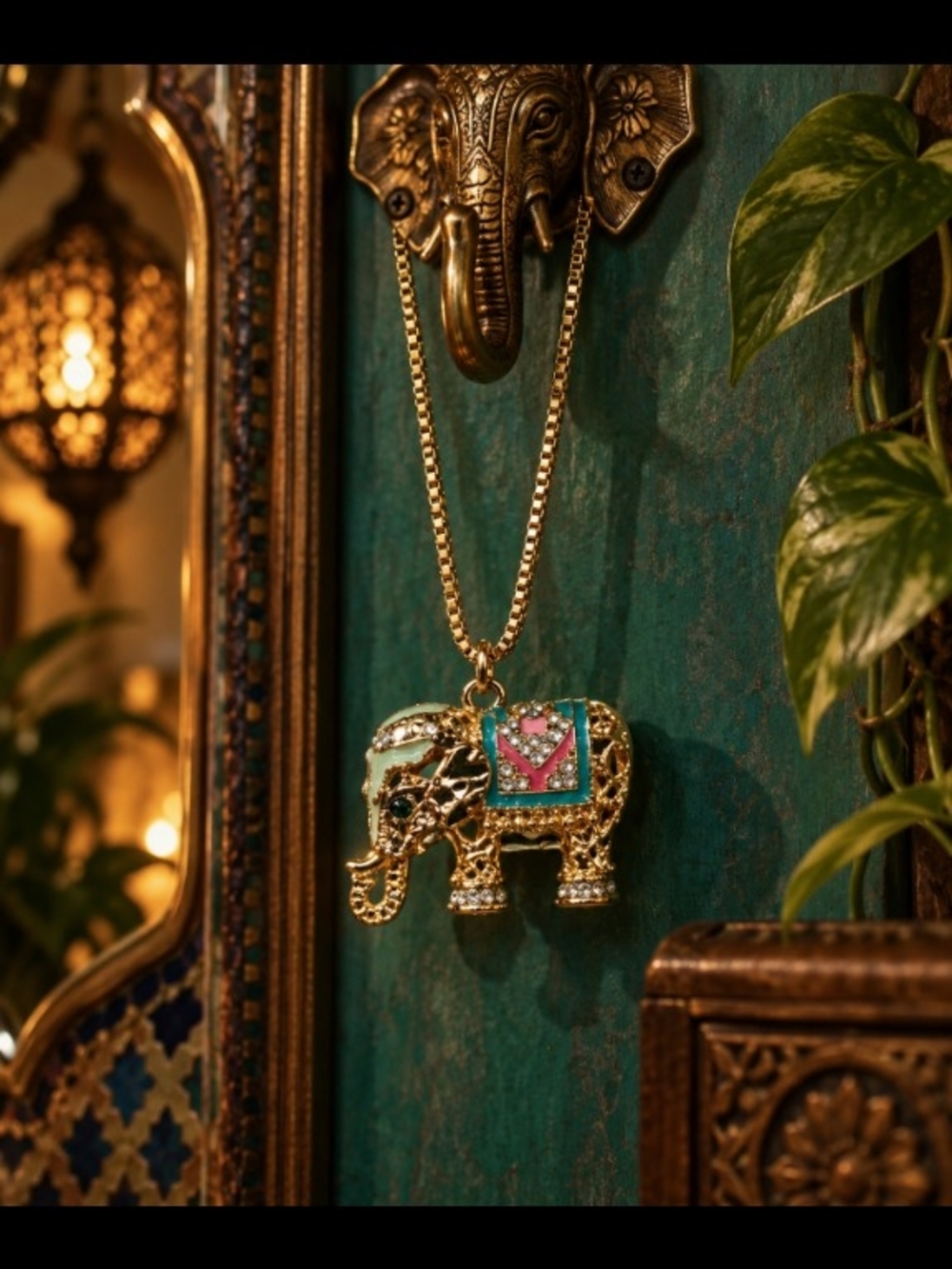 Elephant Pendant Necklace Turquoise Pink Rhinestone Gold Tone